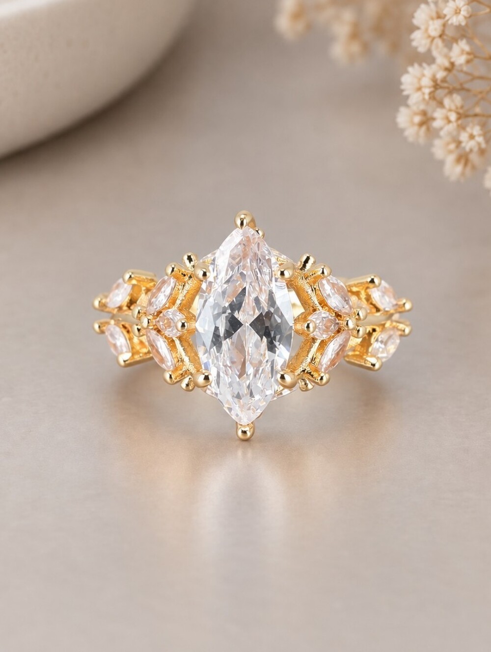 Gold Marquise CZ Statement Ring -
